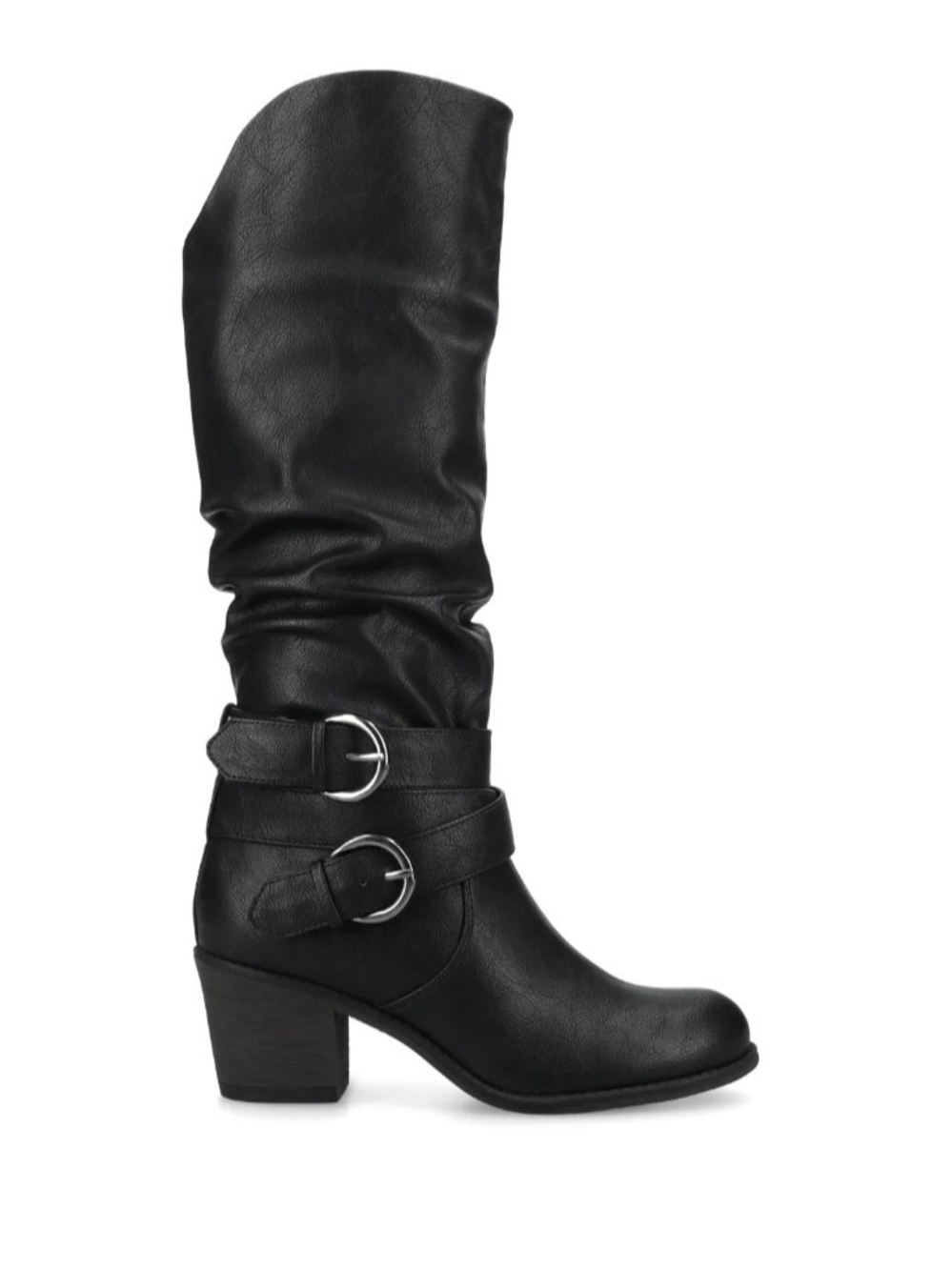Journee Collection Black Slouched Mid-Calf Buckle Block Heel Boots